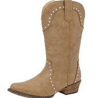 Bottes Western mi-mollet pour femme en cuir véritable à lacets, bout rond, talon épais, brodées, style Desert Boot