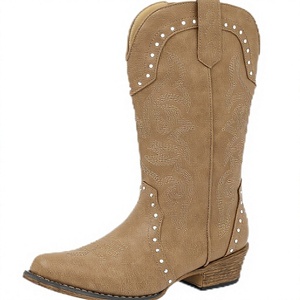 Botas Vaqueras de Media Pantorrilla para Mujer, de Cuero Genuino, con Cordones, Punta Redonda, Tacón Grueso, Bordadas, Estilo Desierto - Product Image 1