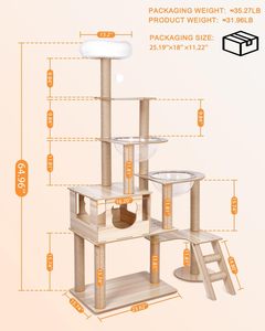 Árbol rascador moderno para gatos con hamaca, de madera y algodón, embalado en cartón, estructura de escalada para interiores. - Product Image 6