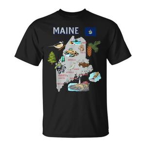 T-shirt avec carte de l'État du Maine, avec points de repère, villes, drapeau américain - Product Image 1