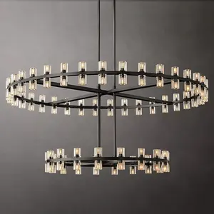 Lampadario moderno di lusso 60 "in ottone cristallo LED rotondo 2 livelli lampadario