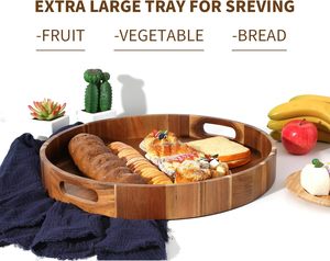 Venta caliente moderna Extra grande bandeja de madera de acacia bandeja de servicio mesa de centro otomana manijas de madera cestas de almacenamiento para sala de estar - Product Image 3