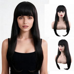 Peluca Negra Larga y Lisa con Flequillo, Fibra Sintética Resistente al Calor, Gorra Ajustable, para Uso Diario, Citas, Bodas, Cosplay, Moda, para Mujer - Product Image 1