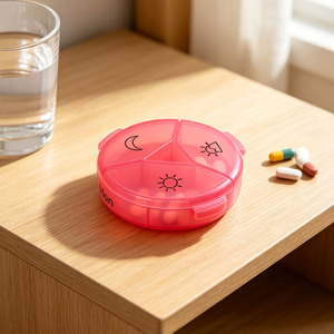 Boîte à pilules ronde en plastique rose avec couvercles et motif soleil et lune pour le rangement des médicaments - Product Image 1