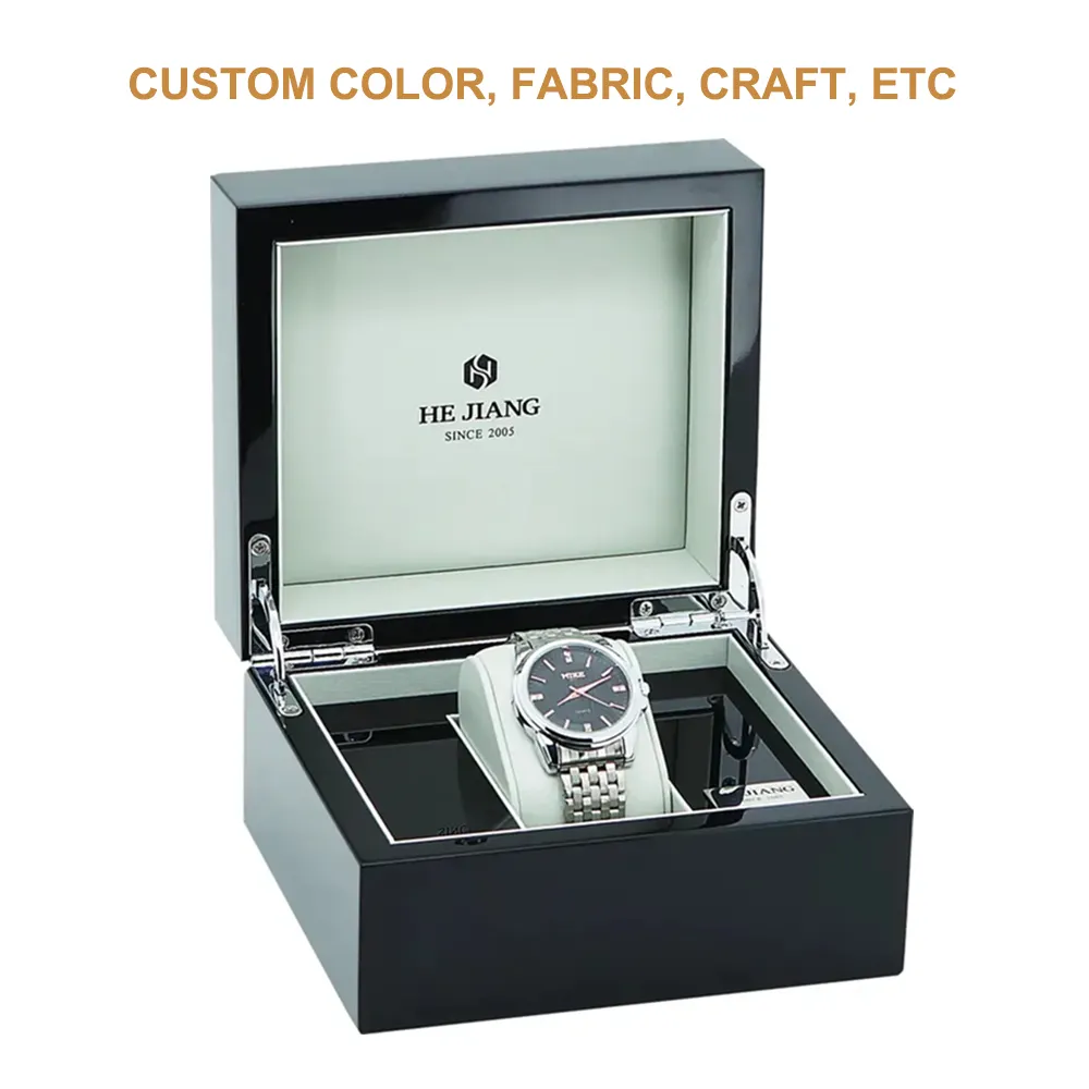 Caja de reloj lacado OEM, embalaje de lujo, caja de reloj de madera negra con logotipo personalizado