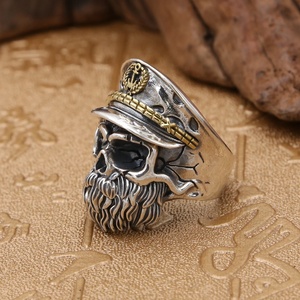 Bague pour homme en argent sterling 925, style gothique unique, hip-hop, rock, punk, crâne, officier, pirate, capitaine - Product Image 4