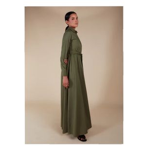 <span class=keywords><strong>Colletto</strong></span> rialzato Abaya Cintura cravatta modesti abiti <span class=keywords><strong>Maxi</strong></span> con <span class=keywords><strong>camicia</strong></span> in cotone verde oliva puro bottoni bluse e camicie modeste - Product Image 2