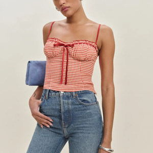 Sweet Y2K Sexy Breathable Short Soft <b>Red</b> Plaid Skinny Vintage Woven Tank Top <b>Ribbon</b> Bow Summer Party Sleeveless Camisole ODM - Product Image 2