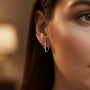 Boucles d'oreilles créoles Luna en or blanc avec pierre précieuse rose taille brillant rond sertie griffe, en argent 925, style classique pour femme, usage quotidien - Product Image 2