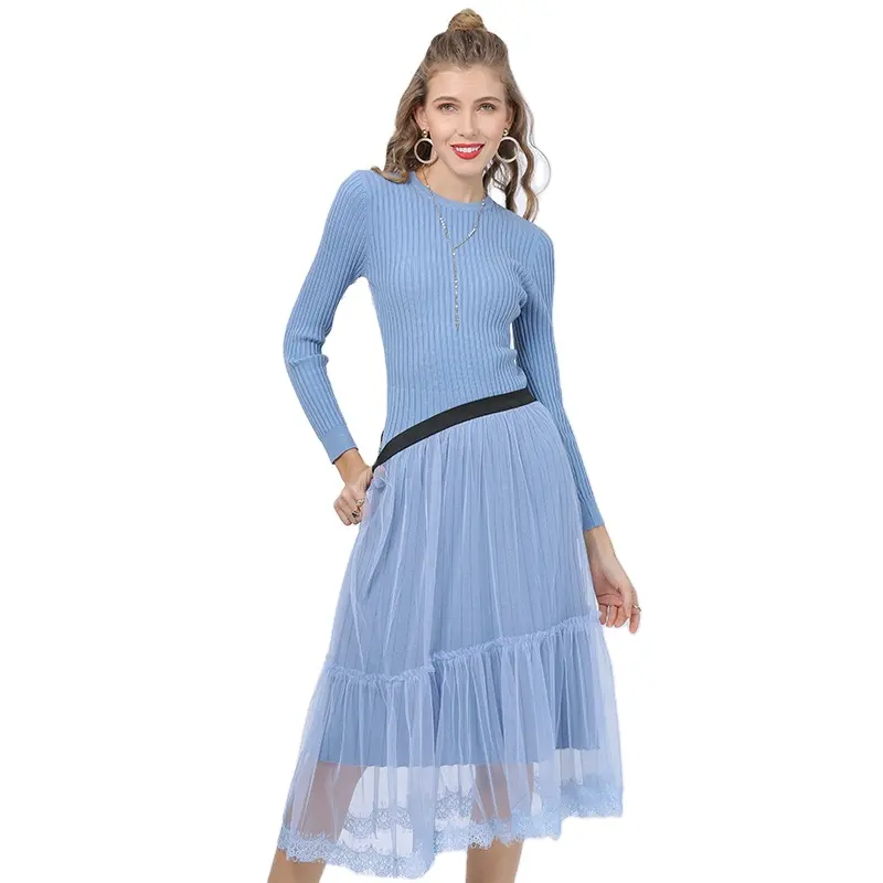 Autumn womens dresses ladies knit lace casual dresses with belt