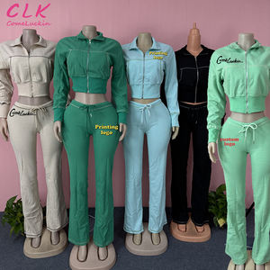 Comeluckin Wafel Gebreide Vrouwen Set Fall Custom Logo 2 Stuks Gym Wear Jogging Rits Jas Uitlopende Broek Trainingspak - Product Image 1