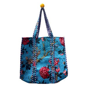 Sac fourre-tout en coton à imprimé floral avec broderie, style bohème, ouvert en haut, sac de shopping toutes saisons - Product Image 1