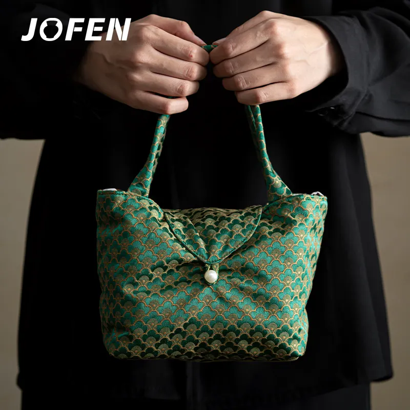 JOFEN Green Cotton Kung Fu Retro Tea Ware Storage Bag Portable Travel Cloth Bag with Thickened Divide Inside