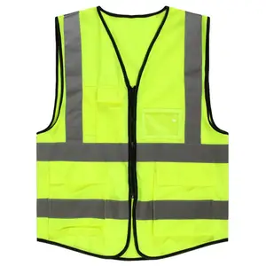 Hi Vis-chaleco reflectante con bolsillos, chaleco amarillo de bolsillo con cremallera