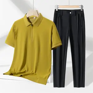 New Sport zipper Polo T Shirt Pant Ice Silk Set Quick Drying Breathable Sports Short Sleeved T-Shirt Pants Two Piece Set For Men