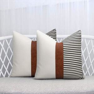 Modern Tan Accent Farmhouse Decor Stripe <b>Patchwork</b> Faux Leather Linen <b>Throw</b> Pillow Covers - Product Image 1