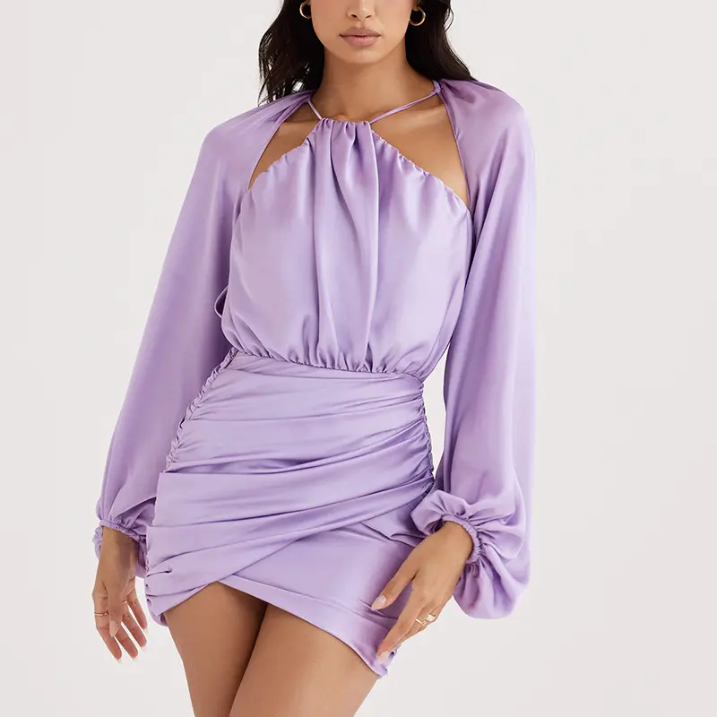 R41767S hot style summer sexy purple backless hollow out lantern sleeve satin high hip pleated women dress