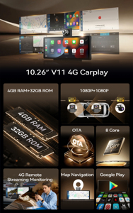 Caméra embarquée Carlover V11Pro 4G double objectif 1080P avec CarPlay sans fil, GPS, carte TF, vision nocturne et <span class=keywords><strong>écran</strong></span> partagé - Product Image 2