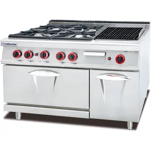 Gas Range With 4-Burner & Lava Rock Grill & Gas Oven Cabinet Barbecue Grill Oyster Seafood Gas Grill