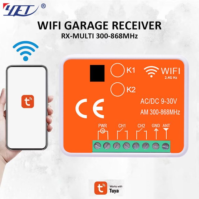 Universal 2CH RX-Multi 300-868mhz Wifi Receiver AC/DC9-30V Tuya Smart Life Compatible Gate Garage Remote Control YET402WTR-MF