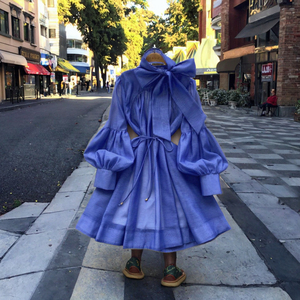 Vestido Mini Retro de Cintura Imperio con Mangas Linterna para Mujer, Cuello con Lazo, Diseño Sólido, Ecológico, Tejido Sencillo de Verano, Corte en A - Product Image 2