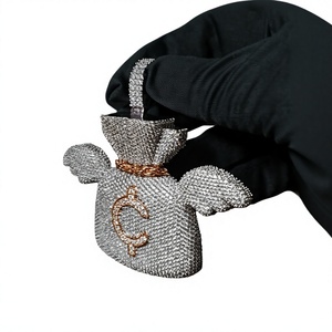 Pendentif Sac d'Argent en Argent 925 avec Ailes et Moissanite, Plaqué Rhodium, Bijou Iced Out pour Fête - Product Image 1