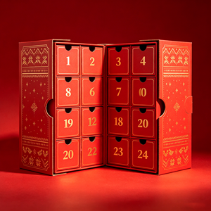 Boîtes de calendrier de l'avent personnalisées faites à la main en gros, boîtes en carton rigide pour chocolats du Ramadan, boîte cadeau de compte à rebours de Noël avec feuille d'or - Product Image 1