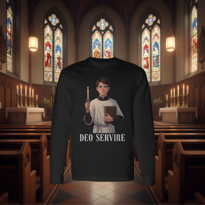 Camiseta de manga larga con diseño Deo Servire para sacerdotes de la Misa Latina Tradicional, tipo casulla y surplice. - Product Image 3