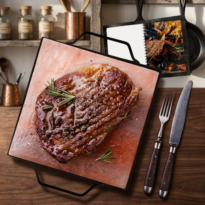 Meilleure plaque de cuisson BBQ en briques de sel rose de l'Himalaya sculptées, écologiques, avec support en fer/acier inoxydable, qualité export premium, pour la maison - Product Image 1