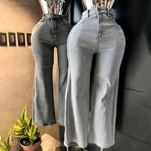 Jeans de mezclilla vintage de cintura media, holgados, de pierna recta, con bordado de diamantes de imitación azules para mujer, al por mayor, estilo urbano, tallas grandes - Product Image 6