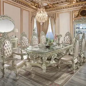 Mueble de comedor clásico antiguo Rectangular, Pedestal blanco de madera maciza tallada, vidrio templado, conjunto de mesa de comedor