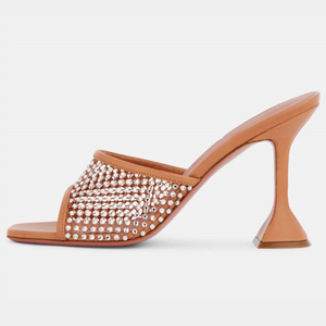 Sandalias de verano para mujer con parte superior de malla, zapatos de punta abierta, con diamantes brillantes, mules de rejilla, tacones altos tipo kitten para damas - Product Image 3