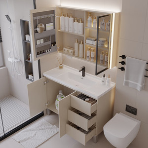New <b>floor</b>-standing cream ceramic integrated basin bathroom cabinet bathroom smart <b>mirror</b> cabinet washbasin - Product Image 4