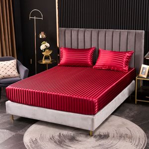 도매 실키 새틴 스트라이프 장착 침대 시트 주름 없는 깊은 포켓 하단 시트 - Product Image 3