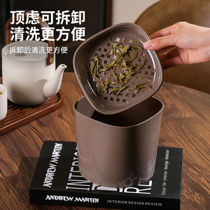<b>Desktop</b> Trash Can With Drain Filter Coffee Brown Rectangle <b>Standing</b> Type For Tea Leaves Waste Mini Household Use - Product Image 3