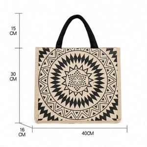 Bolso de Hombro de Yute de Gran Capacidad Estilo Bohemio, Bolso de Compras Geométrico Retro, Bolso de Playa de Cáñamo para Mujer - Product Image 2