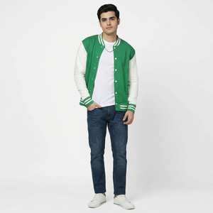 Blousons universitaires pour hommes de couleur verte, col montant, logo sur le devant, service OEM ODM, personnalisables en laine/polyester, fils fins, respirants, pour l'hiver - Product Image 1