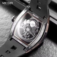 Montre sport automatique pour homme MEGIR 2242, luxe, noire, acier inoxydable, mouvement mécanique, étanche, bracelet en silicone, cadran squelette