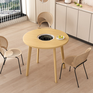 Table de Hot Pot Ronde en Bois Massif Chauffante pour l'Extérieur et l'Intérieur, Utilisation en Salon - Product Image 1