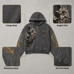 Felpa con Zip Oversize da Uomo in Cotone Pesante, Stile Vintage Retrò, Nera Sbiadita con Strass, Effetto Distressed, Streetwear - Product Image 4