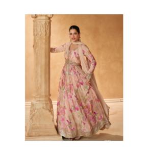 Vestido Anarkali de seda Chinon pesado con estampado digital con bordado, vestido de fiesta de trabajo para venta de exportación - Product Image 1