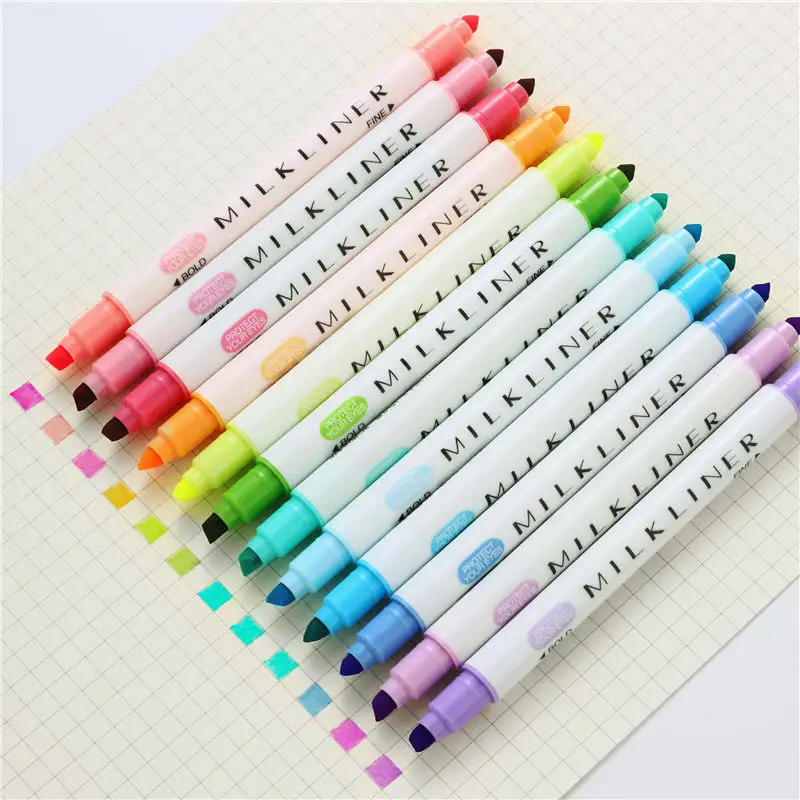 Milkliner Highlighter Pen Stationery Double Headed Fluorescent marker Pen 12 Colors Mark Pen Cute Highlighter