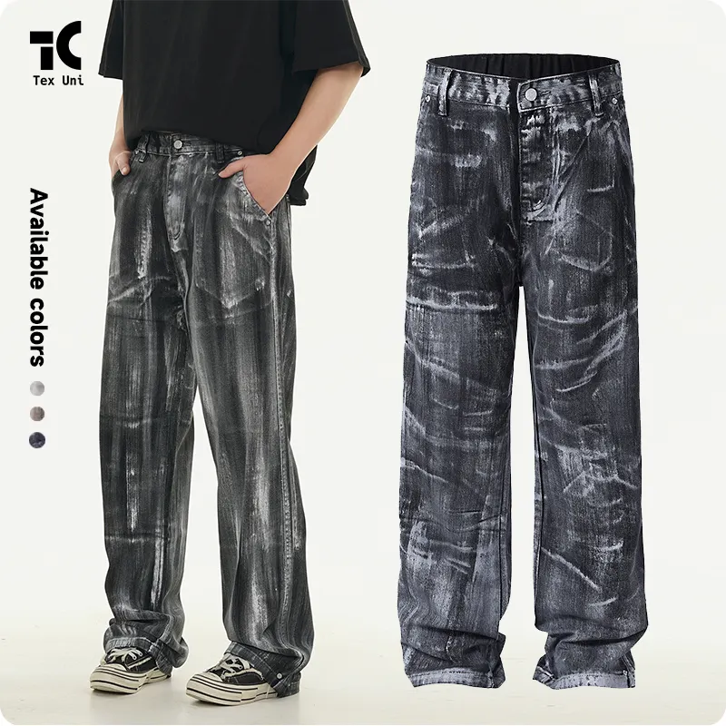 Estilo americano Retro Dirty White Tie-Dye Jeans Hombres y mujeres Marca de moda Vibe Pantalones de pierna recta sueltos de alta calidad