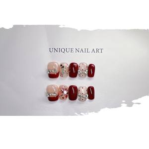 [301] Faux ongles à presser Downton Abbey faits main, rouge bordeaux, style nœud français, luxe léger, parfumé, pour mariage - Product Image 5
