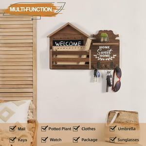 Wooden Wall Organizer <b>Shelf</b> With <b>Hooks</b> For Entryway Key Storage And Message Board Living Room Home Decor - Product Image 4