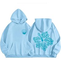 Sweat à capuche bleu clair mignon pour femme, style preppy, motif fleur d'hibiscus, pull respirant en tissu tricoté 320 g/m²