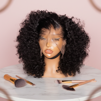 Peluca Bob Corta Rizada Kinky con Cabello de Bebé, Densidad 250%, Remy Brasileño, Encaje Frontal, Negro Natural, Sin Pegamento, Encaje HD Transparente