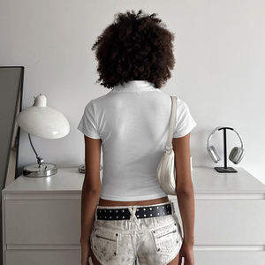 เสื้อยืดคอปกโปโลสีขาวสไตล์อเมริกัน แขนสั้น ทรงเข้ารูป ครอปท็อปสำหรับฤดูร้อน มีกระเป๋าสำหรับผู้หญิง - Product Image 5