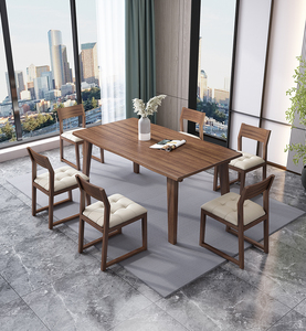 Solid Wood Rectangular <strong>Dining</strong> <strong>Table</strong> <strong>With</strong> Curved Edge and 4 Wooden Chairs 1 Long <strong>Bench</strong> 6 Pieces of Set Walnut <strong>Dining</strong> Room Set - Product Image 2