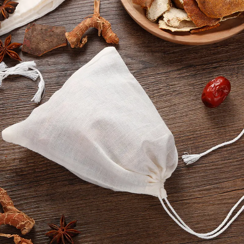 Reusable 100% Cotton Tea Bags Small Customized Drawstring Pouch Organic Produce Muslin Bag for Packing with Logo Print